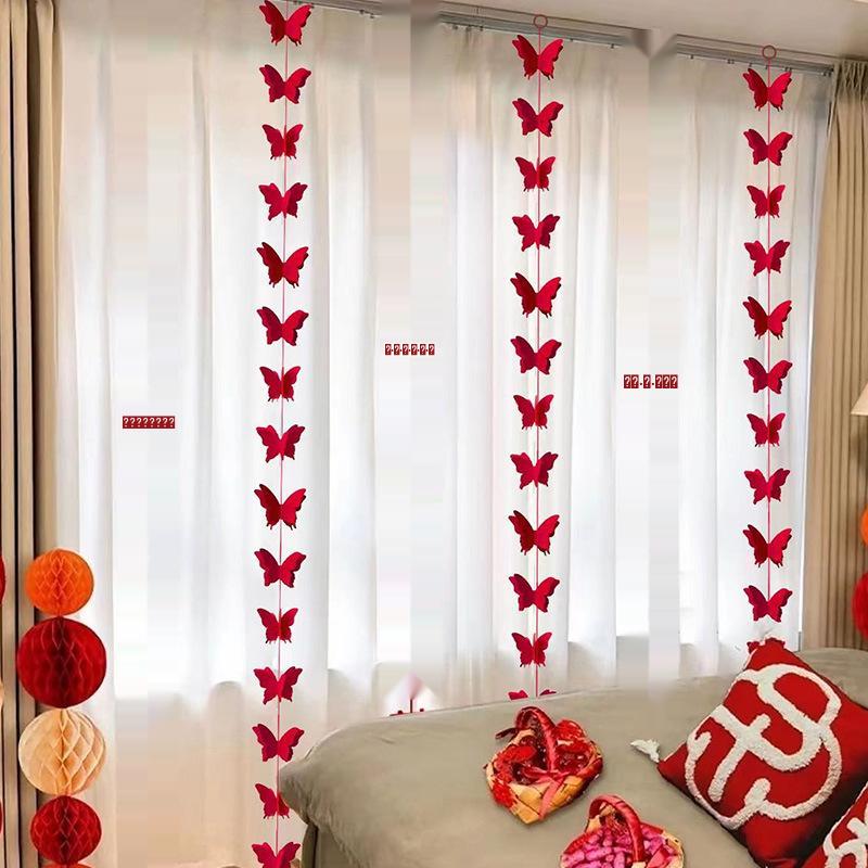 Wedding Curtain Decor: Butterfly Pull Flowers & Double Happiness Strip for New Home or Bedroom