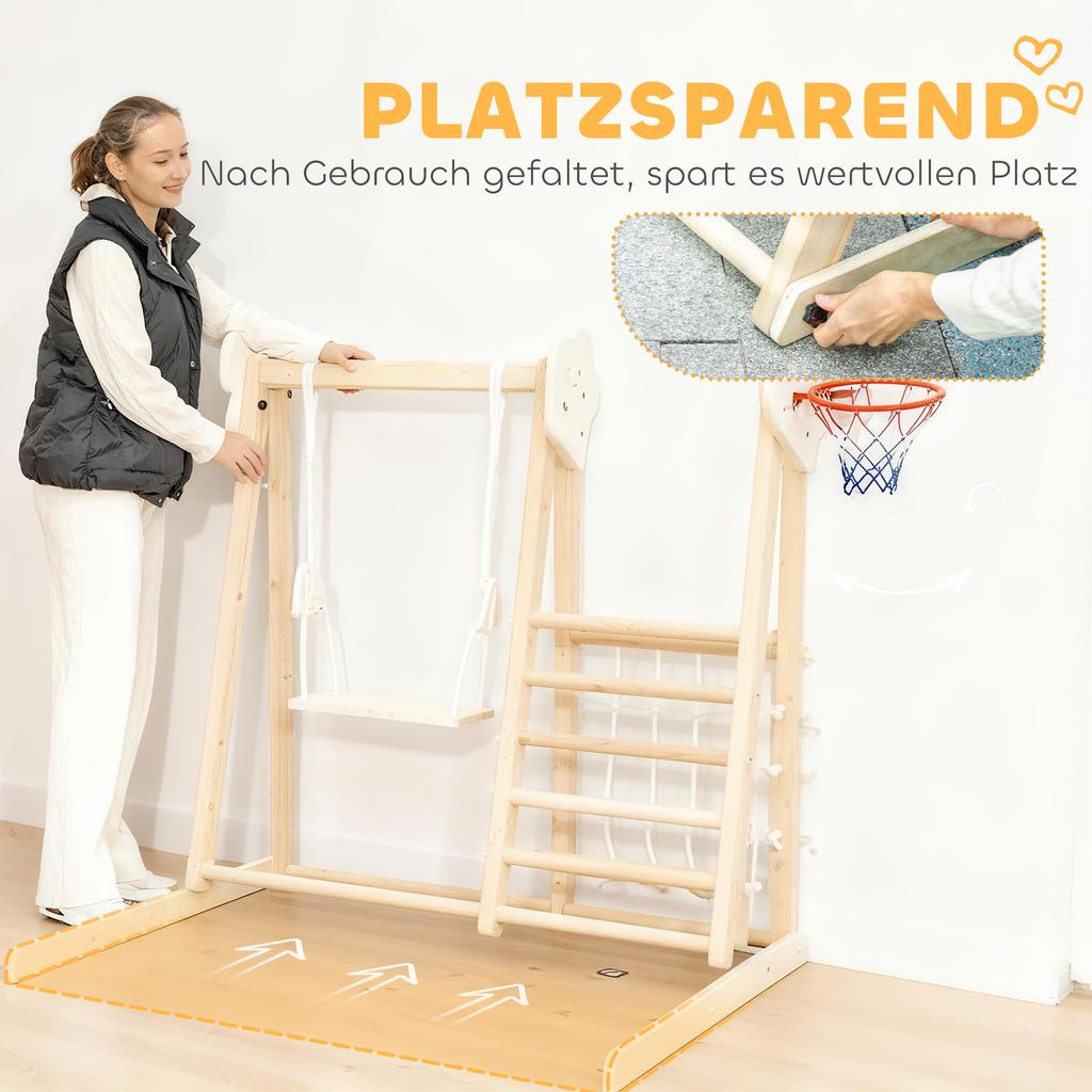 5-in-1 Indoor Climbing Frame with Slide, Swing, Climbing Net, Basketball Hoop, Foldable, 3-6 Years, Natural Wood