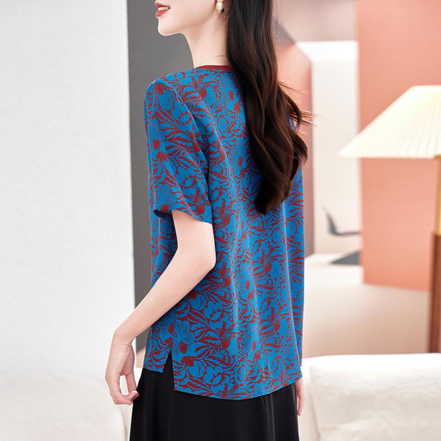 Silk T-shirt Women's New Summer Round Neck Printed Fashion Large Size Mulberry Silk Shirt