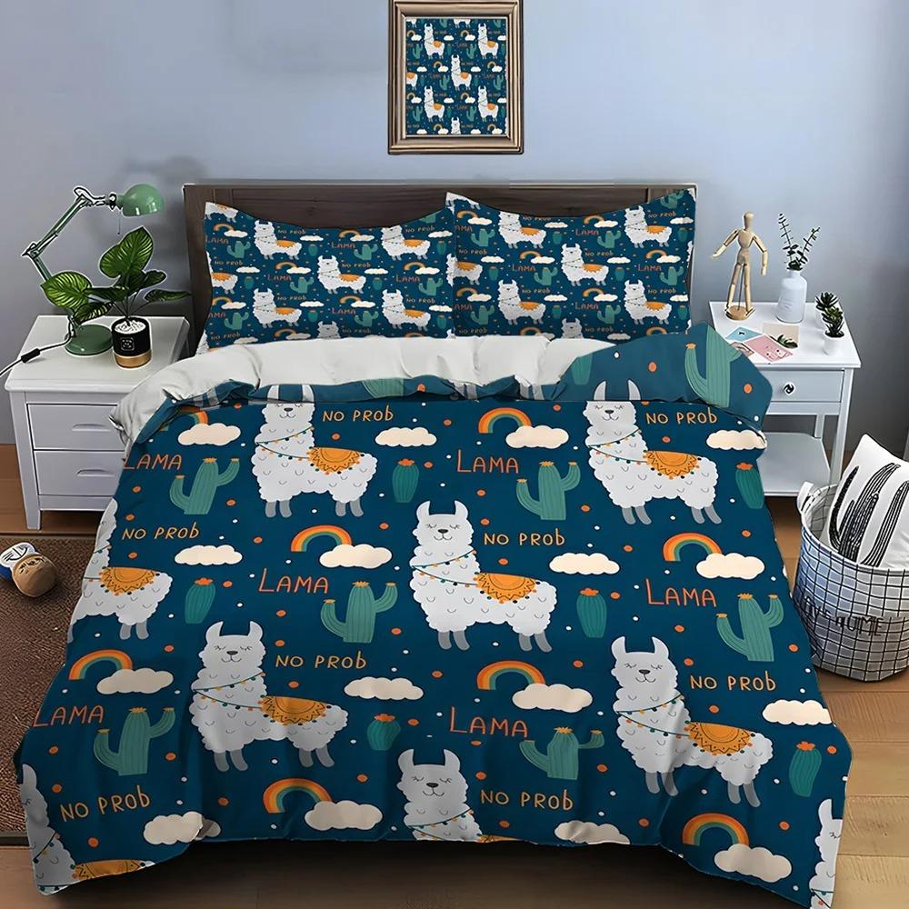 Cute Cartoon Llama Alpaca Print Bedding Set 1 Duvet Cover 1/2 Pillowcases Adult and Children Bedding Set Luxury Gifts