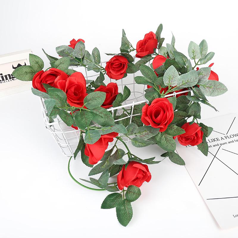 2PCS 16 Heads Artificial Rose Vine Rose Rattan Leaf Garland Fake Rose Rattan Wedding Arch Ceremony Family Garden Outdoor Party Wall Decoration 2.2m