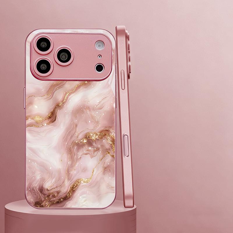 Liquid Marble Glitter Pink Metallic Glass Phone Case For iPhone 11 12 13 14 15 16 17 Pro Max Plus 17Air 16E 7 8 XsMax Back Cover