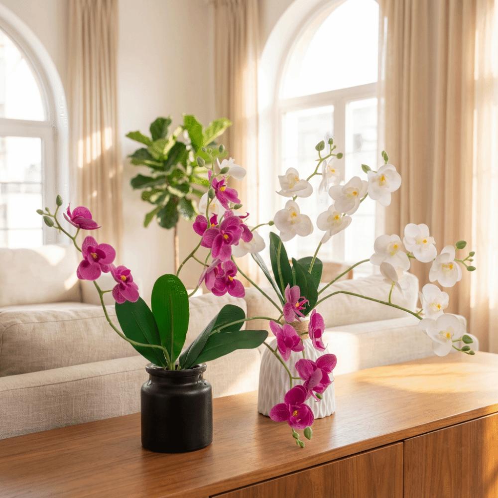 5 Heads Artificial Orchid Realistic with Leaves Simulation Orchid Flowers Handmade No Watering Faux Phalaenopsis
