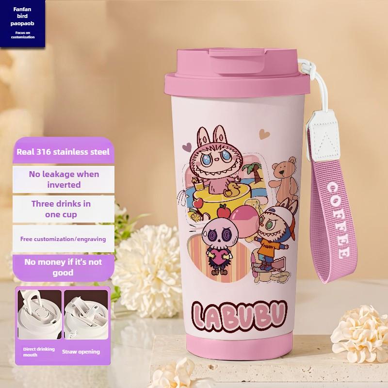 Tecknad Rostfri Stålkopp Högvärdig Termosmugg 3D Dubbel Drickstrå Kaffekopp