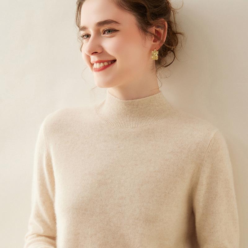 Women's Half-High Neck Cashmere Knit Sweater - Versatile, Warm, Loose Fit Pullover