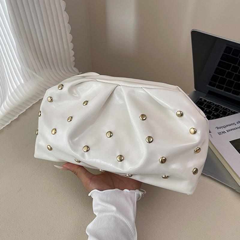 Yogodlns Simple Versatile Clip Evening Handbags for Women Solid Color Rivet Pleated Design Ladies Clutch Female Soft Pu Leather Purse