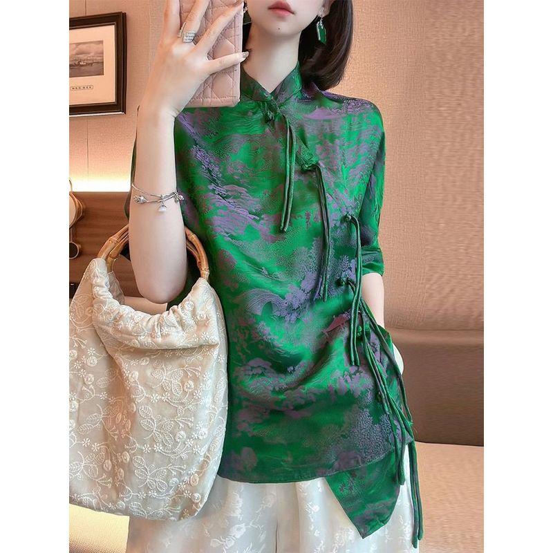 

Brand Counter Classy Women s Clothing Export Fancy National Style Buckle Silk New Chinese Style Stand-up Collar Jacquard Tops Women Green S