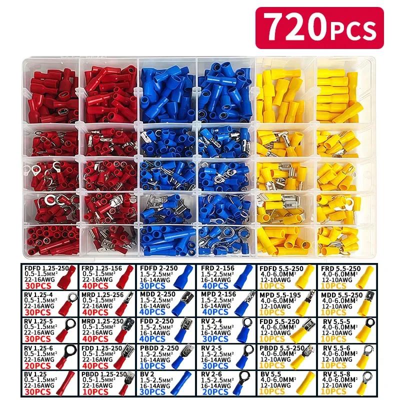 280/480/720/1200pcs Cold Pressed Terminal Kit - Ulated Quick Connect Spade/Ring/Fork Crimp Connectors for Automotive Wiring