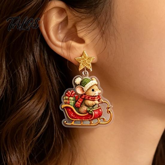 Holiday Party Accessories 1 Pair Cute Christmas Mouse Acrylic Earrings, 2D Flat Cartoon Animal Dangle Earrings Drop for Women, Glitter Star
