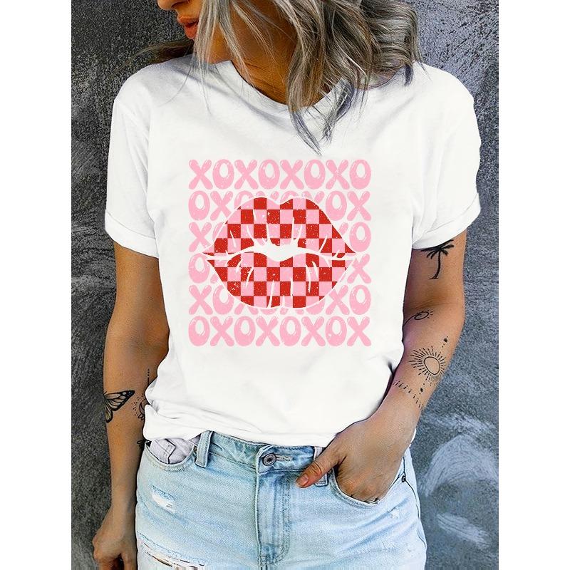 European Size Fashion Casual Abstract Painting Pink XOXO Letter Red Lips Color Block Checkered Graphic Breathable Printed Crew Neck Short Sleeve