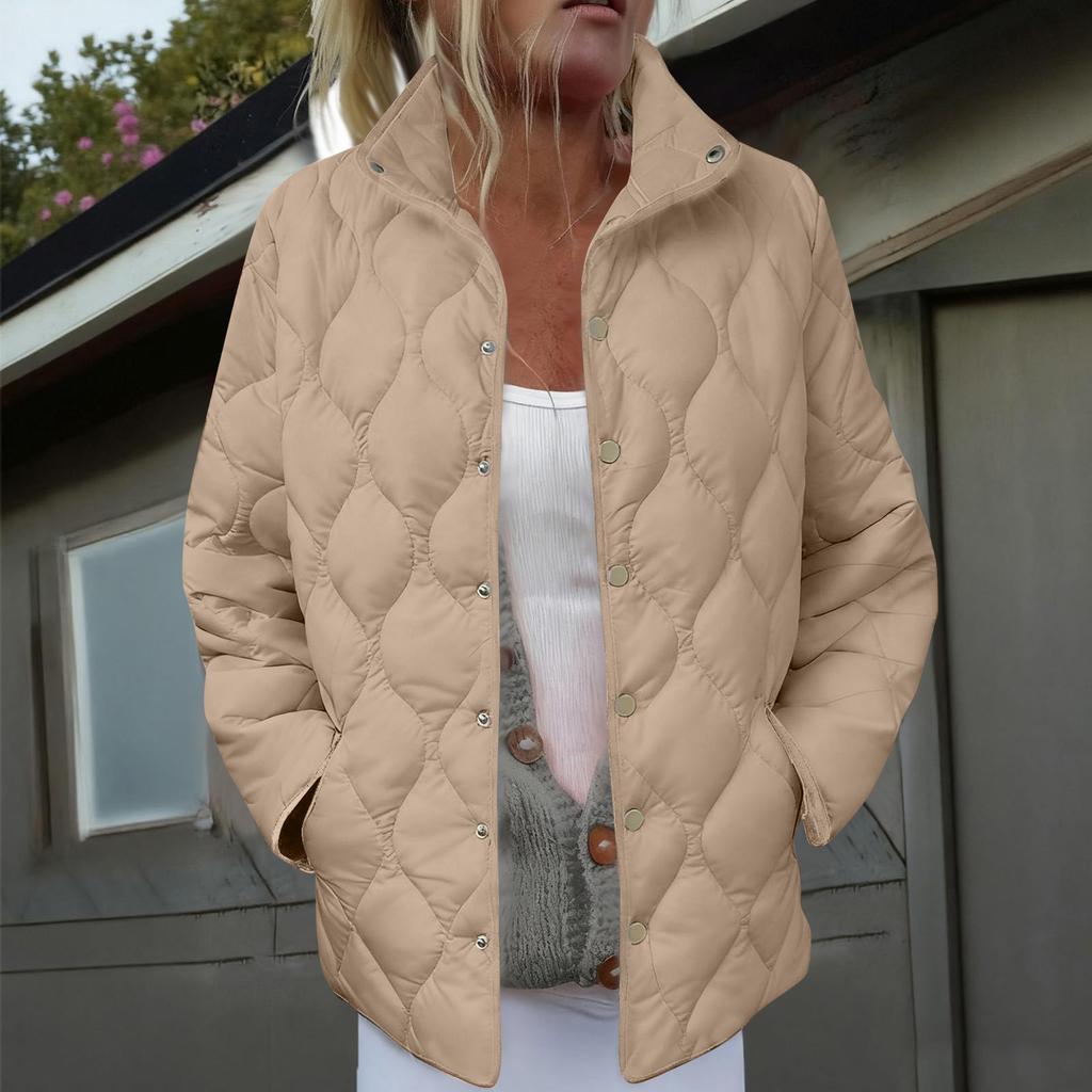 Women's Solid Color Stand-Up Collar Pleated Cotton Long Sleeve Button-Up Jacket