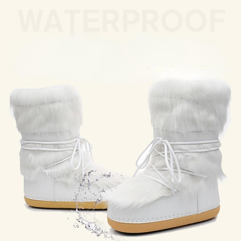2024 Winter Snow Boots Women Ski Boots Fluffy Hairy Lace Up Middle Calf Platform Flat With White Ski Boots