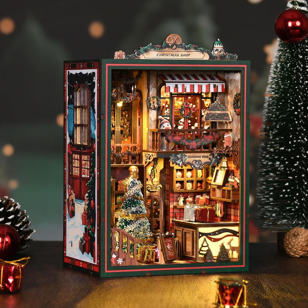 CRESYMME Miniature House Dollhouse Book Nook Wooden DIY 3D Hobby Handmade Gift Kit, (Christmas Shop)