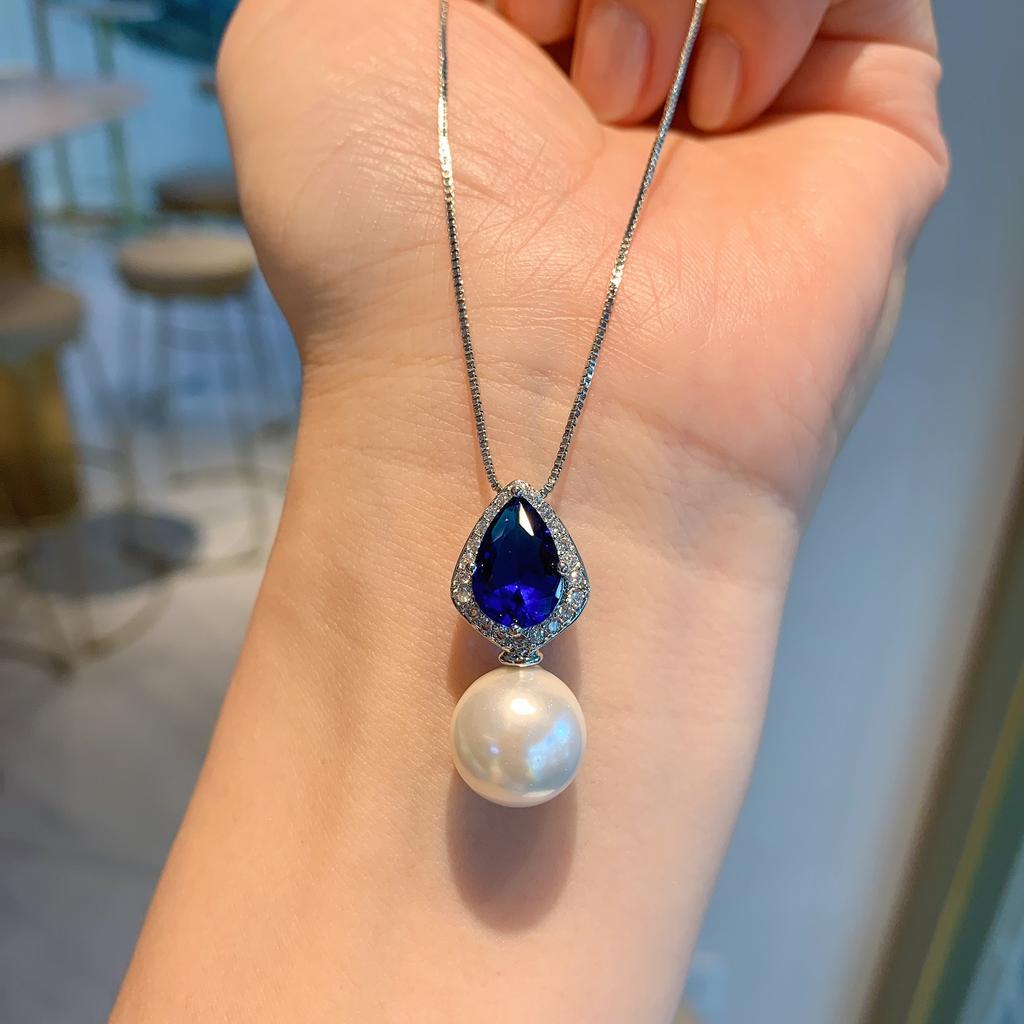 New S925 Silver Needle Jewelry Blue Treasure Pear Shaped Necklace Earrings Two Piece Set Internet Celebrity Instagram Fashion