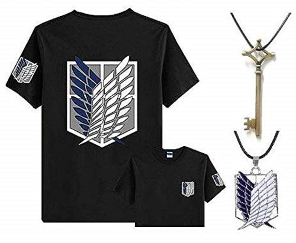 Attack on Titan Wings of Freedom Costume Basement and Necklace 3-Piece Set Shirt, Key, (XL, Black)