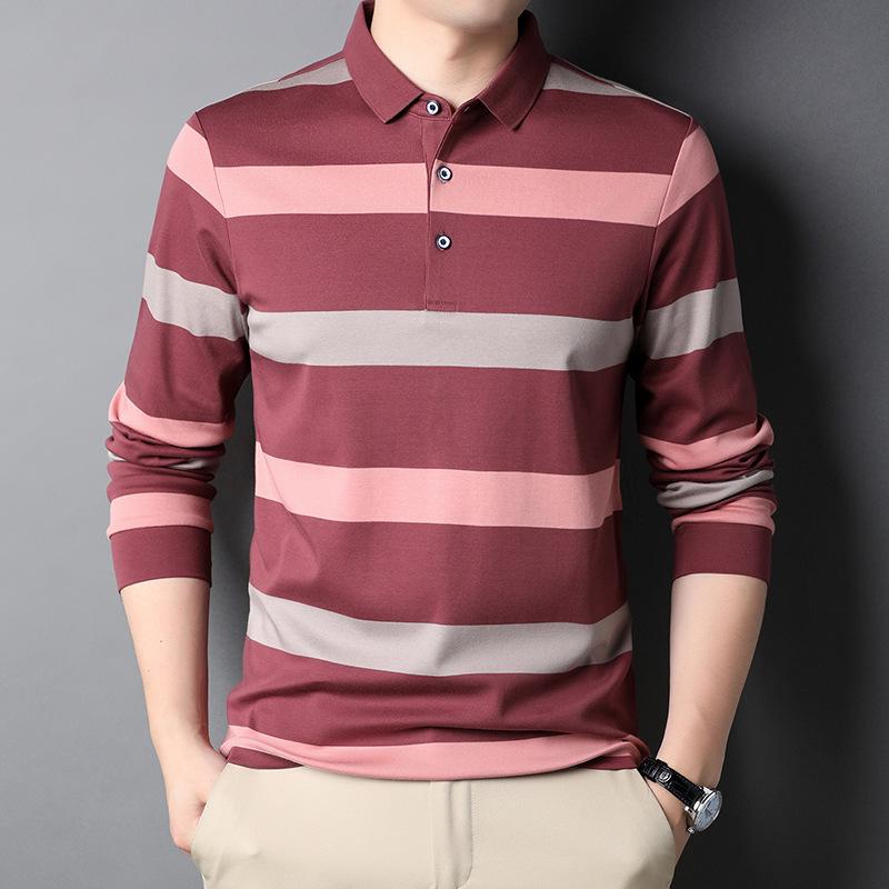 Lente Nieuwe Mode Casual Jong en Middelbare Leeftijd Heren Gestreept Dunne Revers Poloshirt T-shirt met Lange Mouwen
