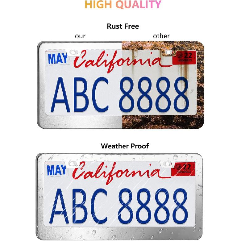 License Plate Frames - 2 Packs Stainless Steel Universal Car Tag Frame for Front and Rear Number Holder with Screws & Chrome Caps