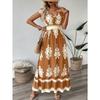 Maxi Abito da Donna Stampato Scollo a V Manica Vita Elastica Casual Boemo Estivo Abiti da Spiaggia