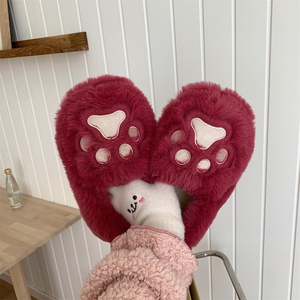Women's Cute Korean Style Heart Plush Winter Slippers with Cat Paw Design and Soft Full Heel