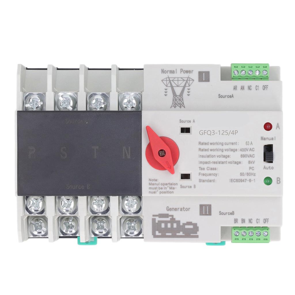 Dual Power Automatic Transfer Switch 4P Fast Switching PC AC 400V 63A for Home Factory