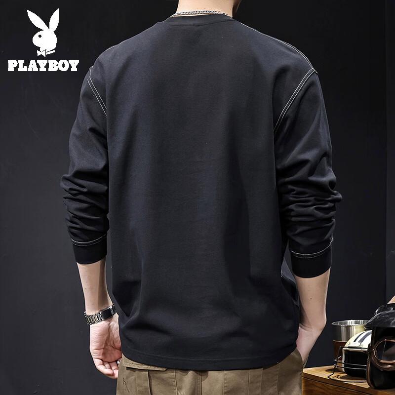 Playboy Men's Long-Sleeve Crew Neck Patchwork Casual T-Shirt