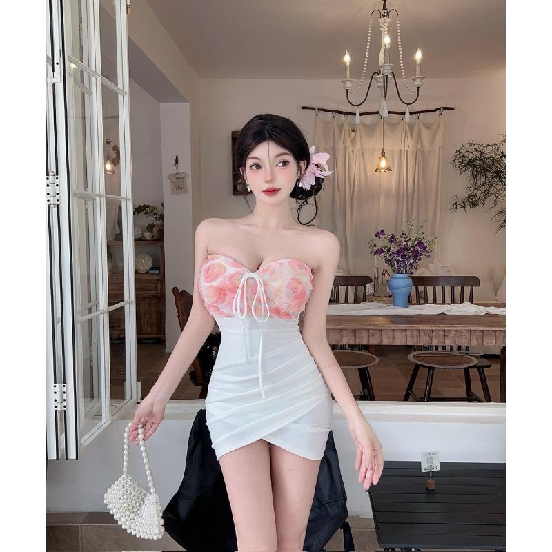 Pure desire sexy low-cut neck sling contrasting flower skirt small splicing tight hip-wrapped bottoming dress