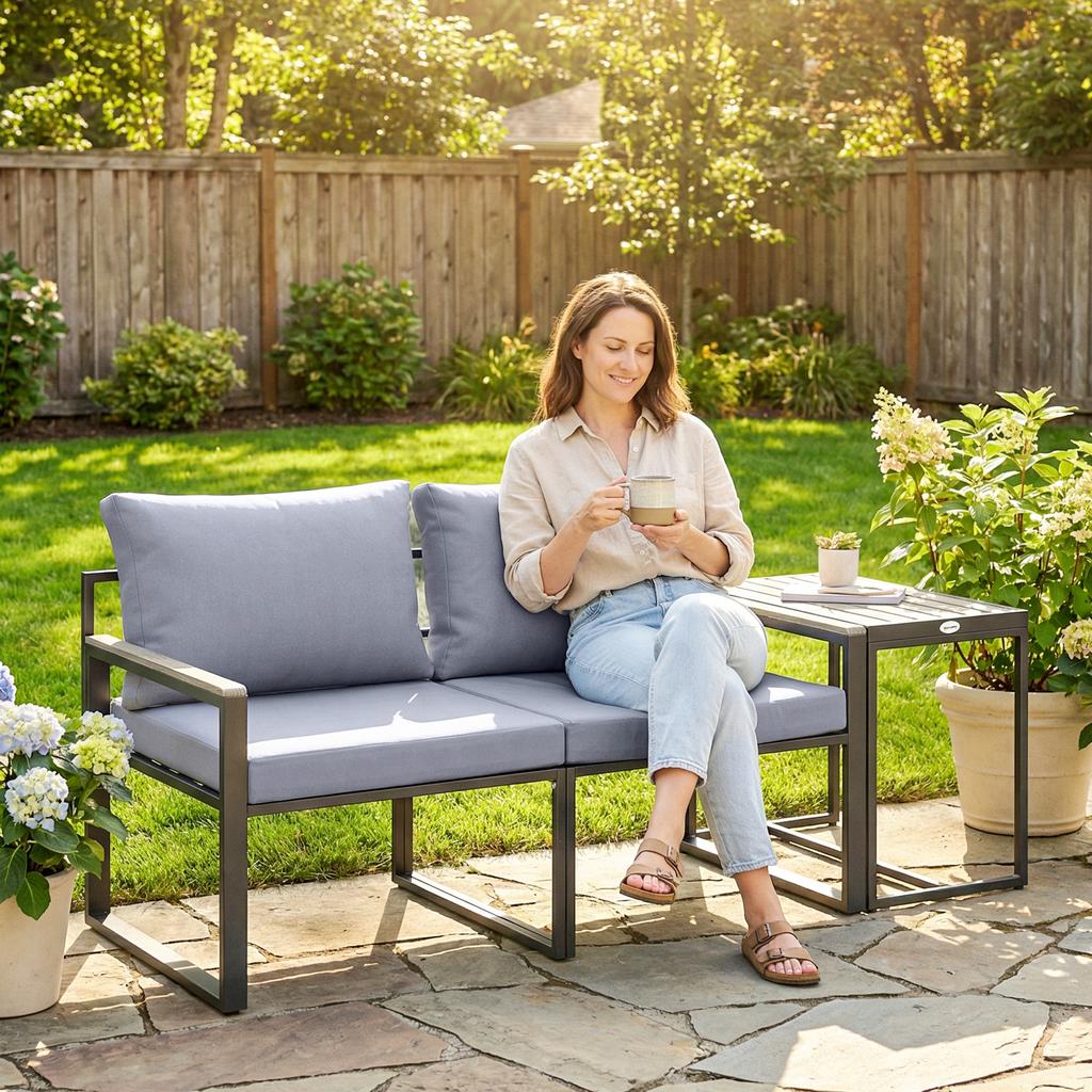 3-Piece Balcony Furniture Set 2 Armchairs with Table Removable Seat & Back Cushions Breathable Cover Grey