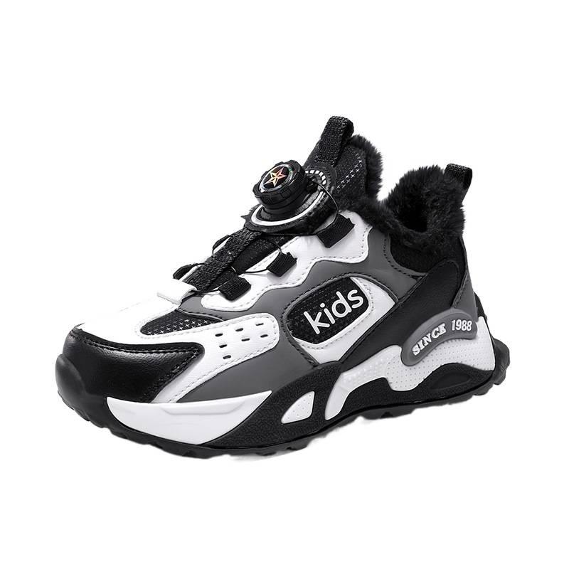 Children's Sports Shoes Boys' Velvet Warm Large Cotton Shoes Running Shoes Autumn and Winter New Girls' Leather Button Sports Shoes