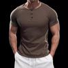 2024 Men's Semi-Tight Henley Fitness Shirt - Solid Color Striped Stretch Short Sleeve Athletic Top
