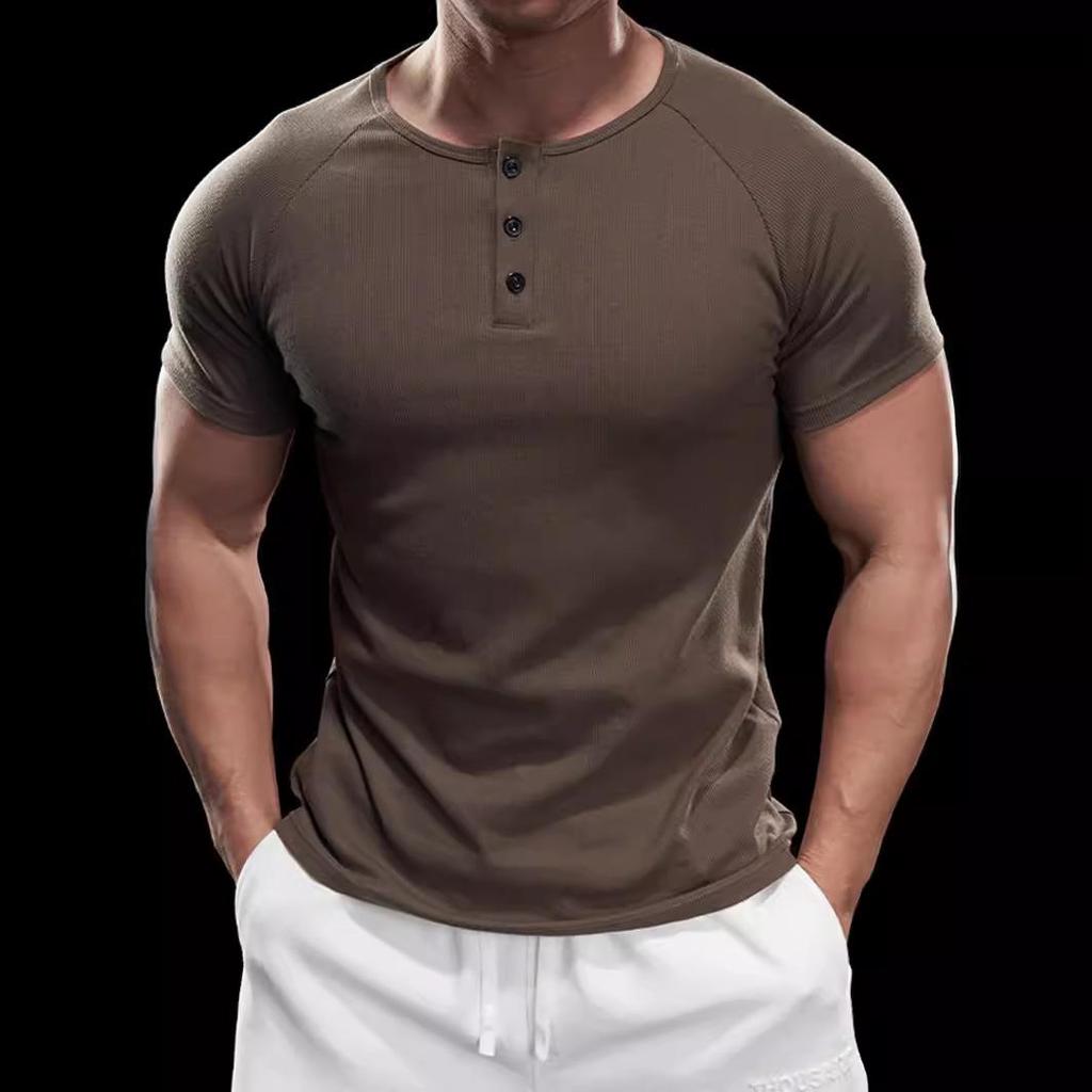 2024 Men's Semi-Tight Henley Fitness Shirt - Solid Color Striped Stretch Short Sleeve Athletic Top