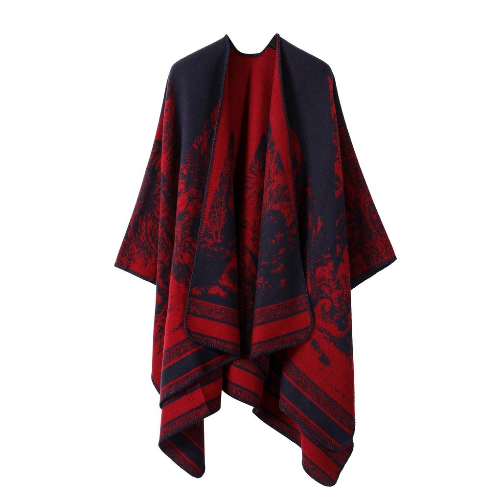 Women's Double-Sided Tassel Shawl Cloak - Classic Slit Design, Warm Travel Cape