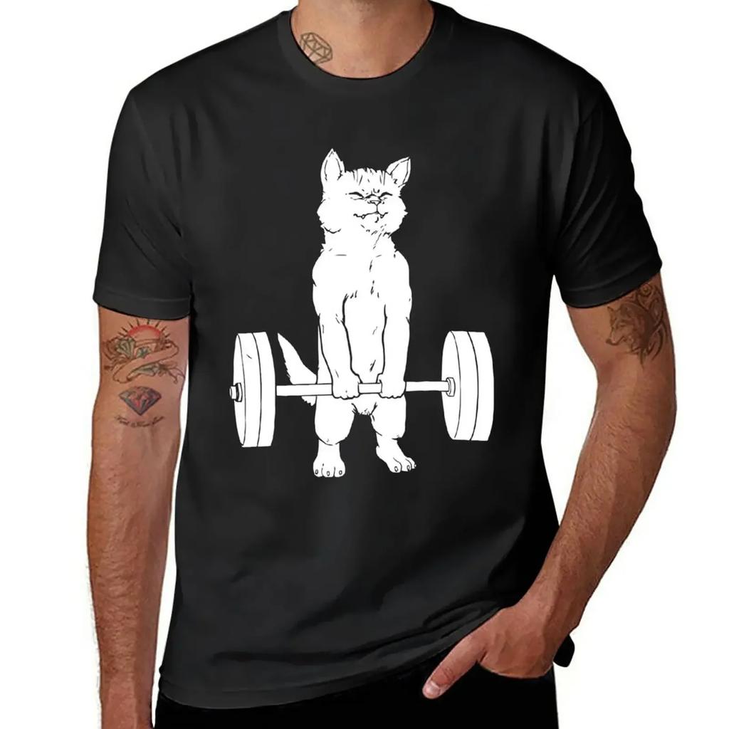 Gewichtheben Katze Kreuzheben Heben T-Shirt ästhetische Kleidung Sommer Oberteile Sportfans schlichte weiße T-Shirts Herren