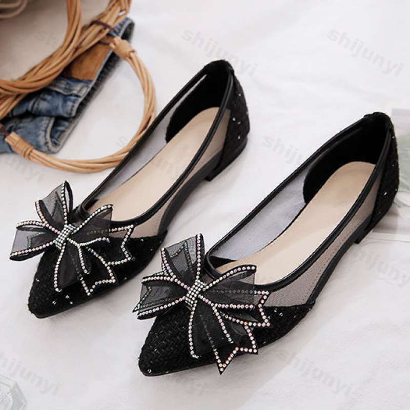 Fashion 2025 Summer Breathable Flat Heel Women's Scoop Shoes New Korean Edition Butterfly Knot Designed Mesh Pointed Casual Single Shoes