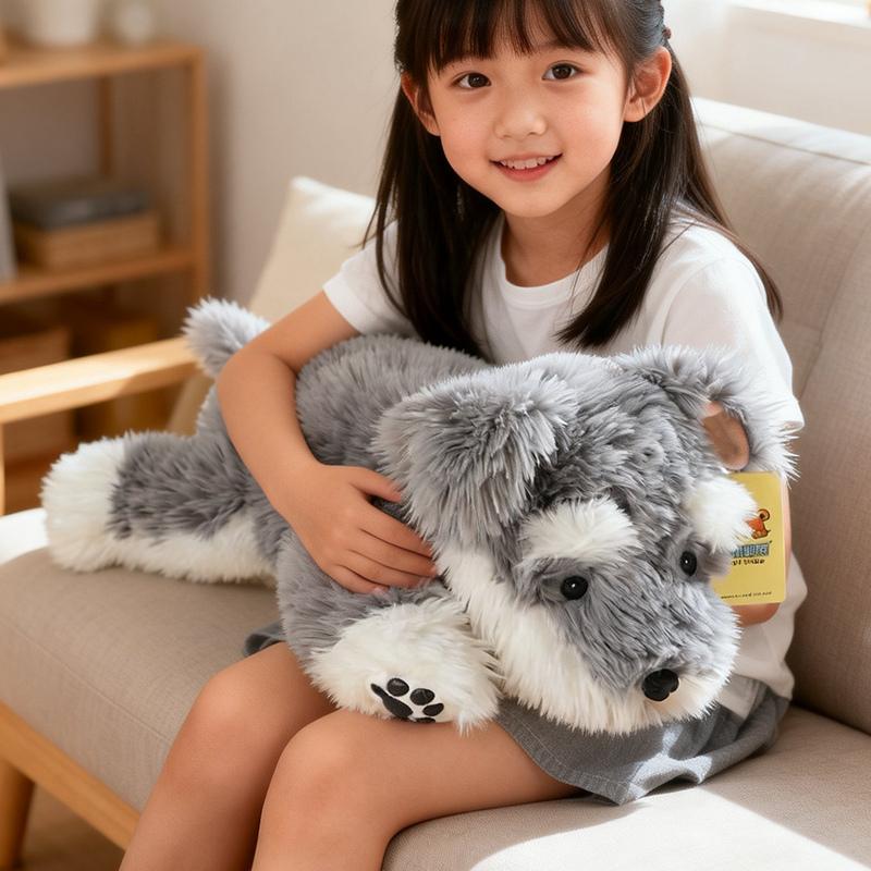 Lindo Peluche de Schnauzer Tumbado Peludo Perro Gris Blanco Animal de Peluche Muñeco Suave Almohada de Cachorro Regalo de Cumpleaños para Niños Decoración del Hogar