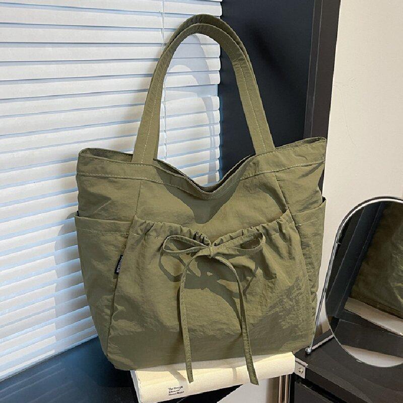 Large Capacity Canvas Tote Bag Women's Autumn New Casual Shoulder Bag Pleated College Student Class Bag