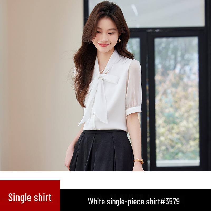 

Women s Fashionable Short Sleeve Chiffon Blouse with Tie-Up Bow 2024 - New Summer White Top XXL