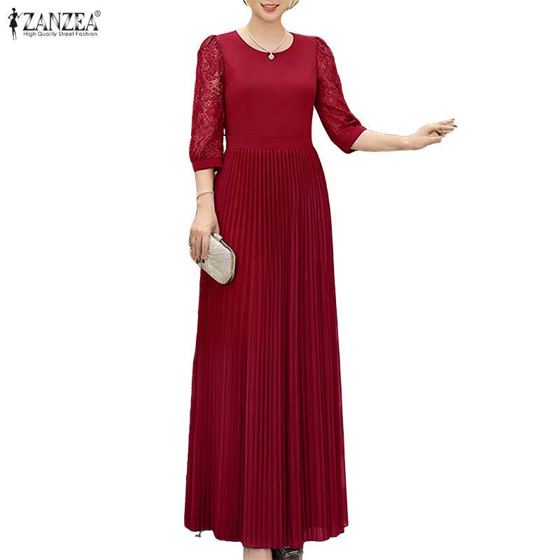 ZANZEA Women Casual Round Neck Lace Splice 3/4 Sleeve Long Dress