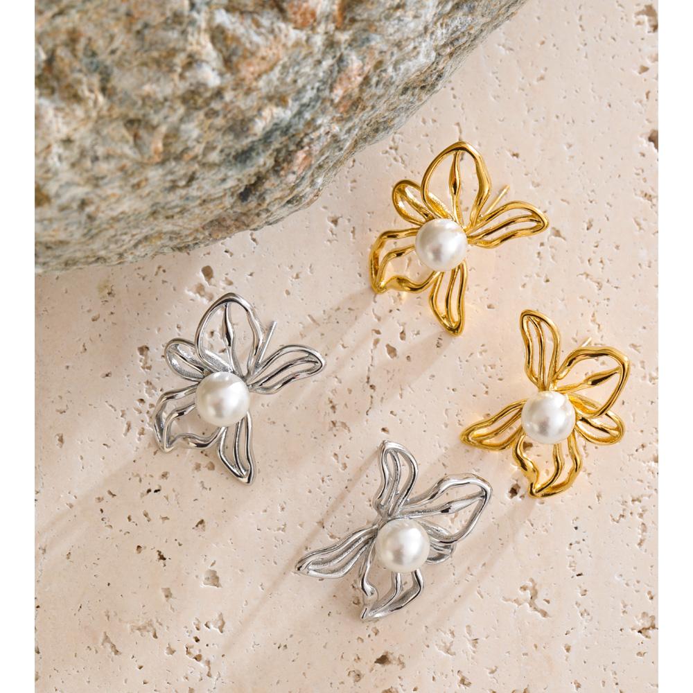 Eetit 2025 Stainless Steel Pearls Hollow Flower Stud Earrings Gift Gold & Platinum PVD Plated Modern Daily Jewelry Anti Allergic