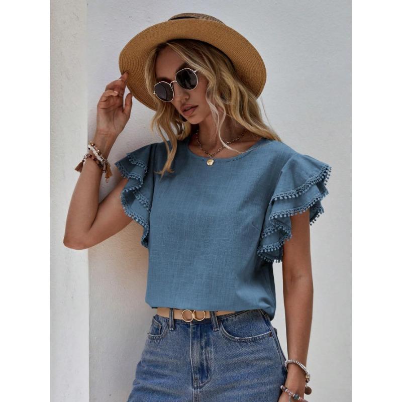 

Женская повседневная летняя свободная рубашка с круглым вырезом, рубашка с принтом листьев лотоса, летучая мышь, топ с короткими рукавами для женщин, блузки и рубашки L морской синий