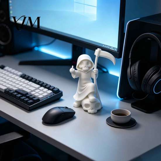 Schwarz Weiß Skulptur 3D Gedruckte Niedliche Sensenmann Figur, Skelett Kleine Statue mit Gotischem Schreibtisch Ornament Sense & Totenkopf Basis, Lustiges Halloween