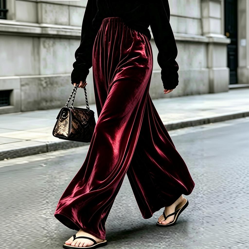 Women's Velvet Wide Leg Pants High Waist Loose Fit Flowy Long Trousers for Casual Wear