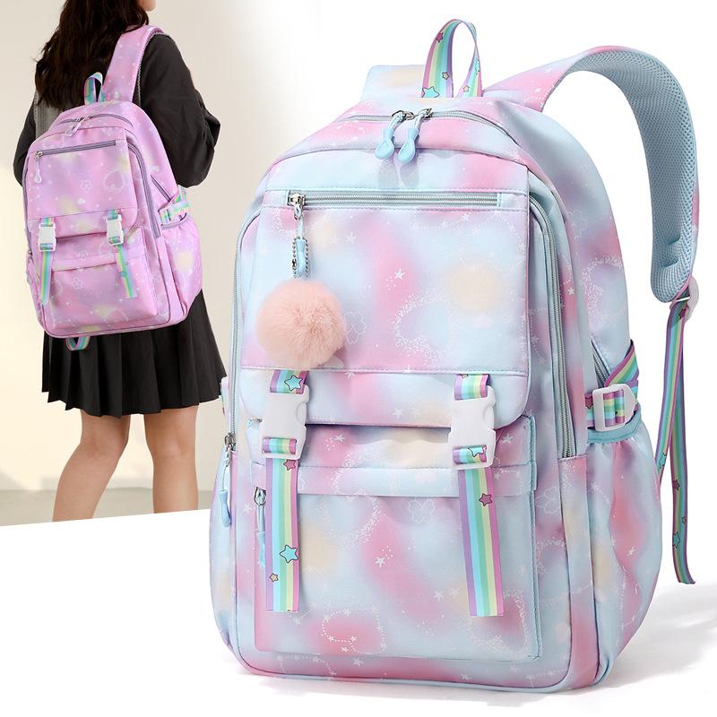 Kawaii Farbverlauf Sternenmuster Rucksack für Mädchen Schultasche mit Plüsch-Bommel Teenager Schüler Lässiger Tagesrucksack Reise Rucksack