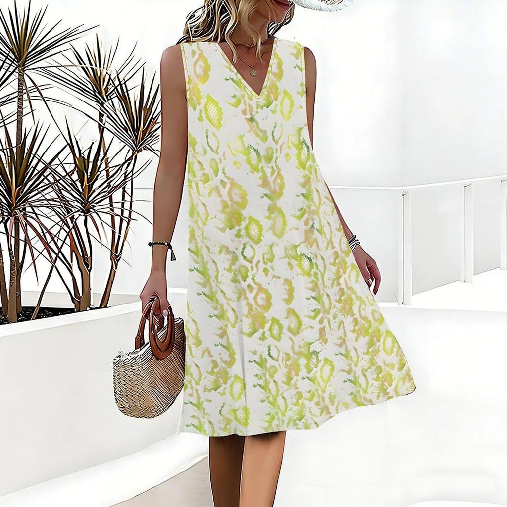 Plus Size V Neck Sleeveless Dress Ink Mountain Stream Print For Water Town Sightseeing