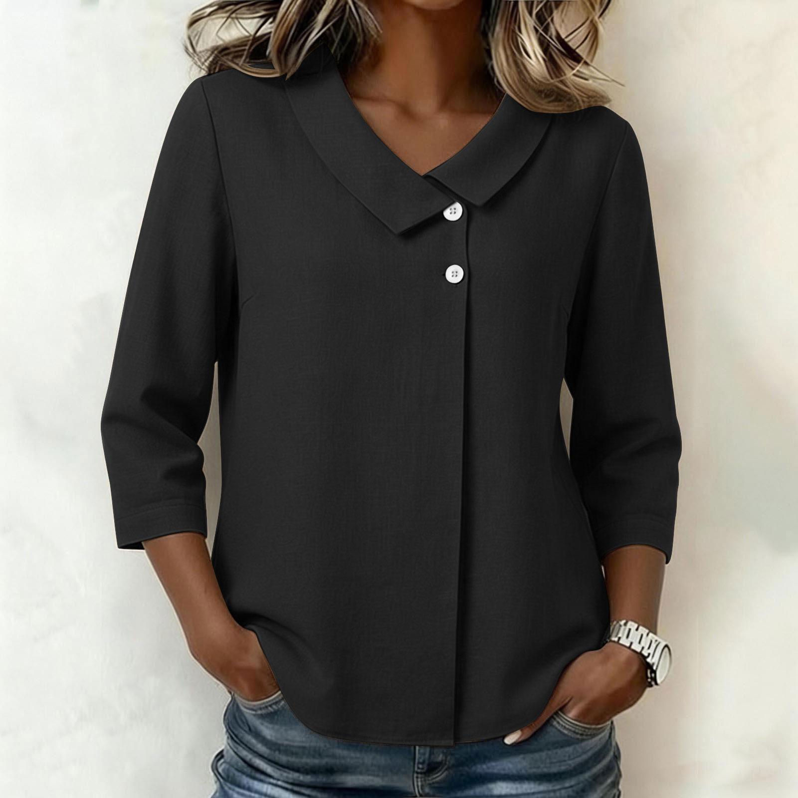 Women s Stylish Casual Collar 3/4 Sleeve Loose-fitting Shirt T-shirt L чёрный