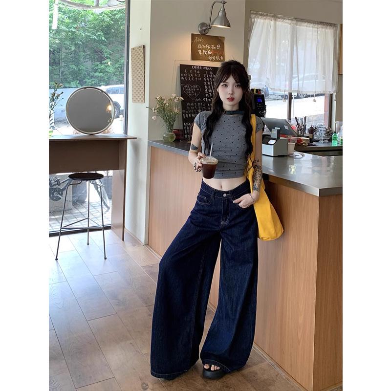 Autumn 2024: Women's Retro Dark Blue Wide-Leg Floor-Length Jeans