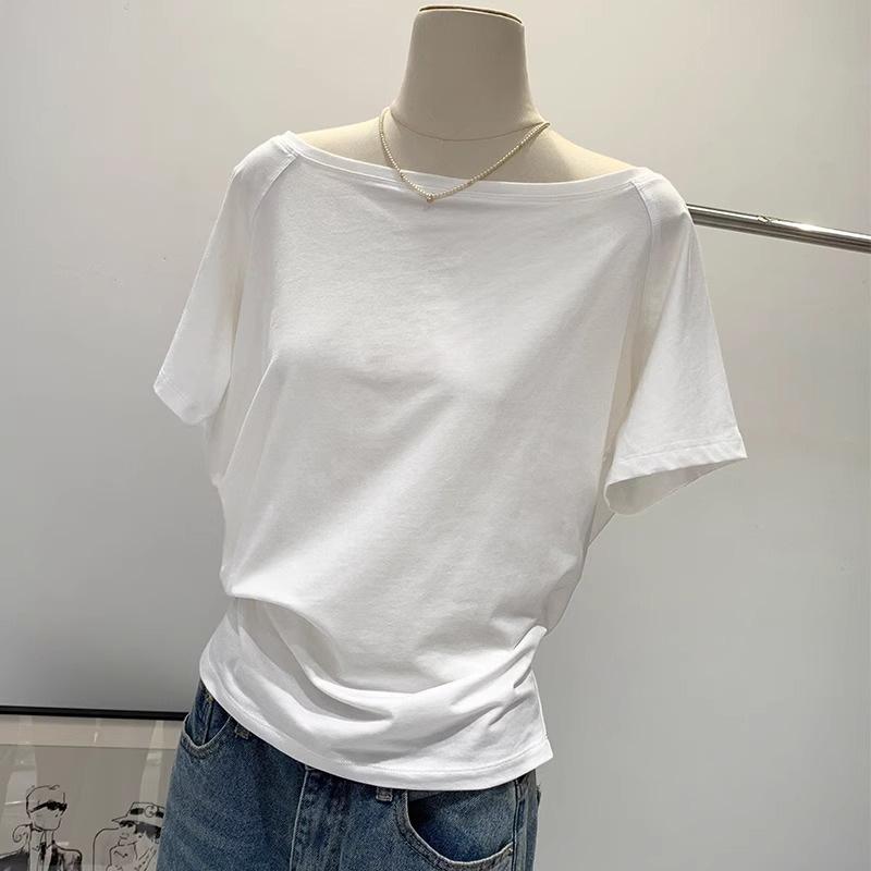 Women's Off-Shoulder Black Cotton Long-Sleeve T-Shirt, 2025 Spring/Autumn/Winter Collection