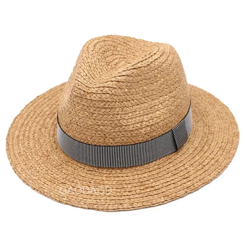 100% Natürliche Raffia-Sonnenhüte Große Größe 63cm Strohhut für Damen Herren Breiter Rand Sommer-Jazzhut UPF50+ Reise-Panama-Strandhut