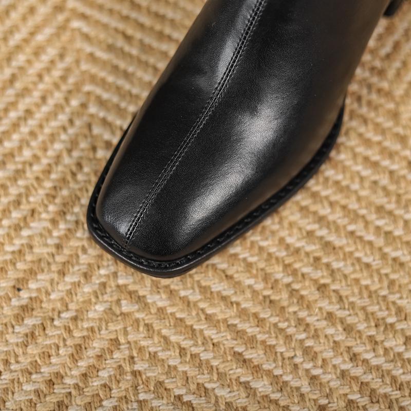 Fashion Women's New Autumn/Winter Square Headed Genuine Cowhide High Heel Zipper Size Retro Chelsea Calf Short Boots