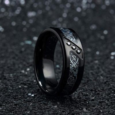 Mode 8mm Herren Edelstahl Keltische Drachenringe Eingelegt Schwarzer Zirkonstein Ringe Für Männer Karbonfaser Ringe Ehering Geschenk