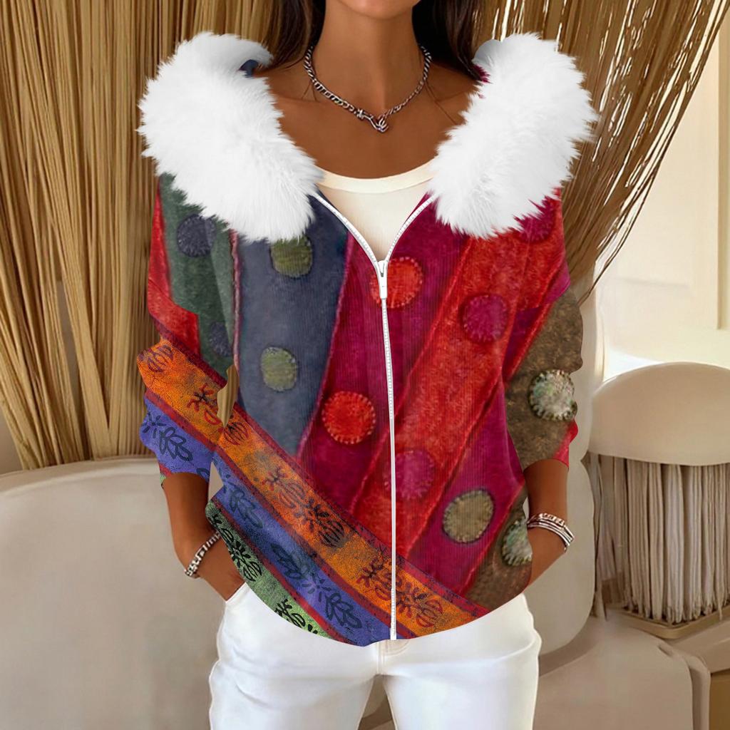 Damenmode Lässiger Pullover Reißverschluss Print Strickjacke Plüsch Kapuzenjacke